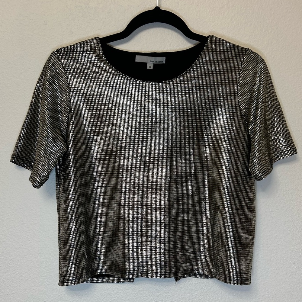 June & Hudson Shimmering Silver Crop Top